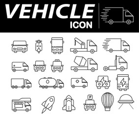 collection of various vehicle icons, including cars, trucks, buses, and more, depicted simple line art style. icons represent different types of transportation, from everyday vehicles to