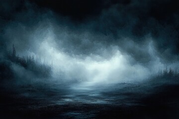 Fototapeta premium Foggy Dark Mysterious Landscape with Smoke and Illumination in Surreal Atmosphere