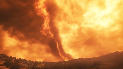 Obraz premium Dramatic Tornado Fire Whirl Over Distant Landscape at Sunset