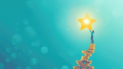 Person Holding Star Standing on Stack of Coins with Bright Background