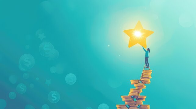 Person Holding Star Standing on Stack of Coins with Bright Background