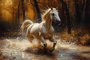 Playful Horse Splashing Water Joyfully in Impressionist Style Closeup
