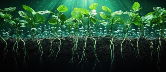 Young plants growing in soil with bubbles, roots visible.