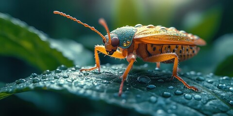 Naklejka premium Vibrant Insect on Dew-Kissed Leaf: A Macro Photography Masterpiece