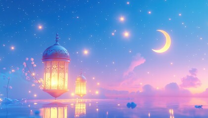 Serene Night Scene Glowing Lanterns Reflecting on Calm Water Under a Crescent Moon and Starry Sky
