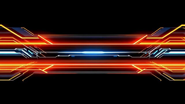 Futuristic horizontal glowing lines with orange and blue neon effects on a black background. High-tech digital design in horizontal video format
