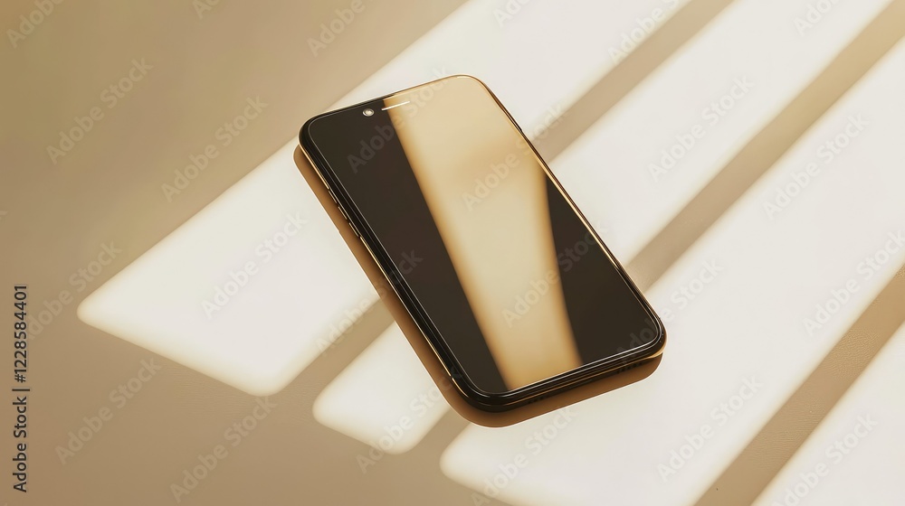 Poster elegant smartphone on a table with sunlight reflection and shadows