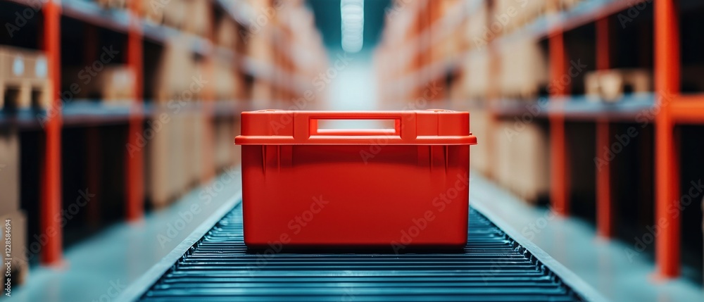 Poster supply chain optimization concepts. red toolbox on a conveyor belt in a storage facility.
