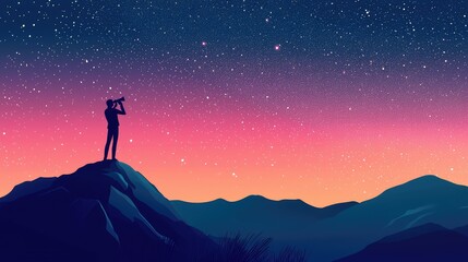 Fototapeta premium Silhouette of a Person Stargazing on a Mountain at Dusk