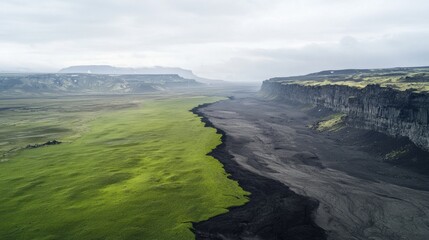 Stark Contrast of Green Farmland Against Dramatic Dark Landscape