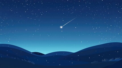 Night Sky with Shooting Star Over Serene Blue Hills