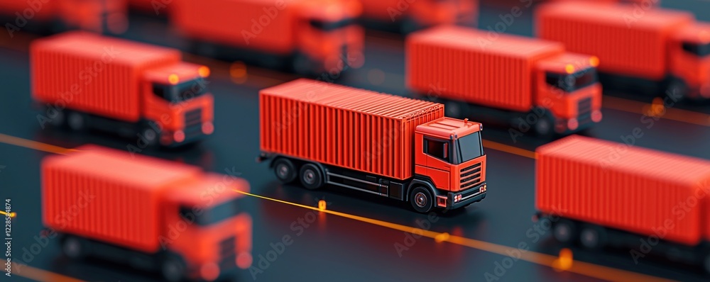 Poster supply chain optimization concepts. miniature red trucks on a dark roadway, creating a striking visu