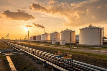 Fototapeta premium Industrial Landscape at Sunset Featuring Storage Tanks, Pipelines, and Smoke Stacks Against a Dramatic Sky with Clouds and Warm Light Reflection