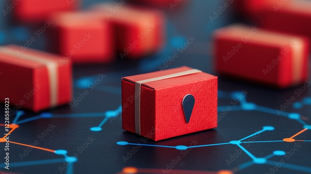 Poster supply chain optimization concepts. red package on a digital network background with other packages 