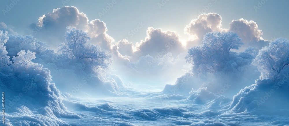 Poster intricate frost patterns on winter window with ethereal light and deep blue background