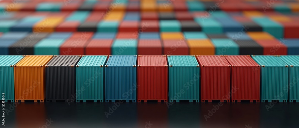 Poster supply chain optimization concepts. colorful shipping containers arranged in a striking pattern.