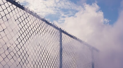 Fototapeta premium Torn Chain Link Fence Near Industrial Area with Smoky Atmosphere