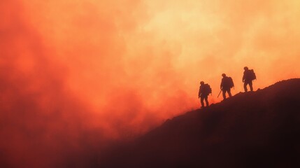 Fototapeta premium Firefighter Silhouette against Dramatic Orange Sky at Ridgeline