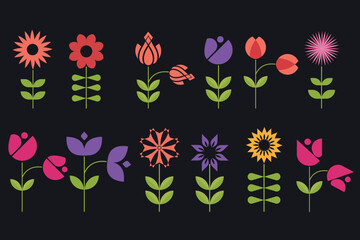 Modern web flat flowers set—elegance simple minimalist floral icon collection in black background.