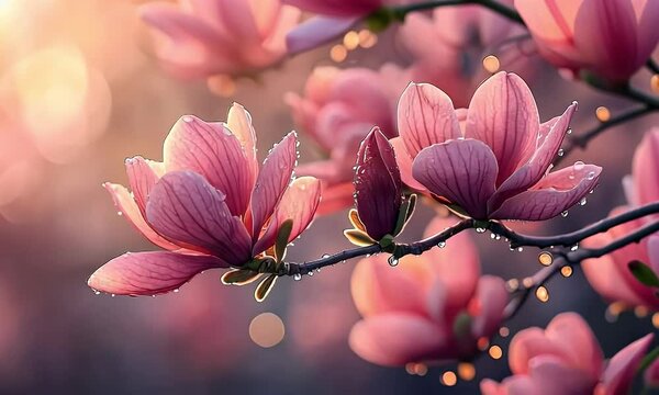 A close-up of pink magnolia flowers adorned with droplets, capturing nature's beauty in soft light.