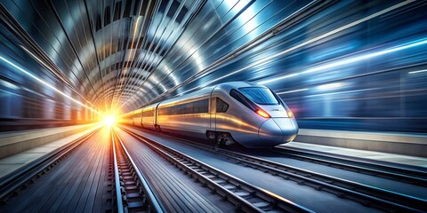 A speeding bullet train at high speed with blurred motion background.