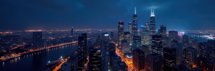 Obraz premium Elevated view, Chicago skyscrapers illuminated at night, night photography, night scene