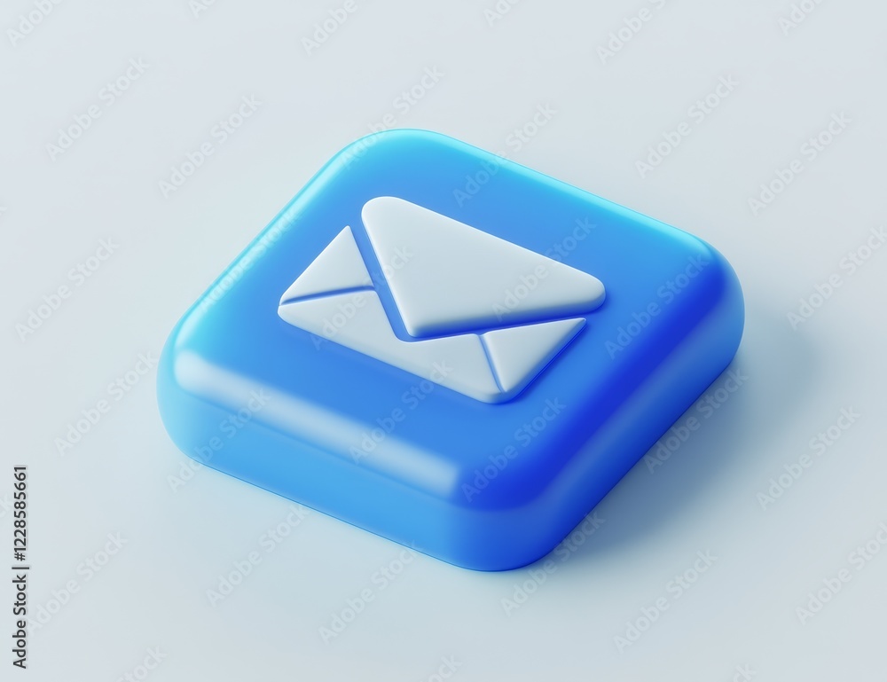 Poster 3d render of a blue square button with a white envelope icon.