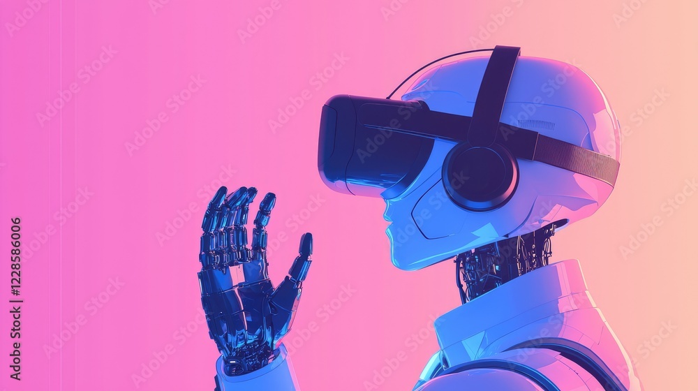 Poster futuristic robot with virtual reality headset in gradient background