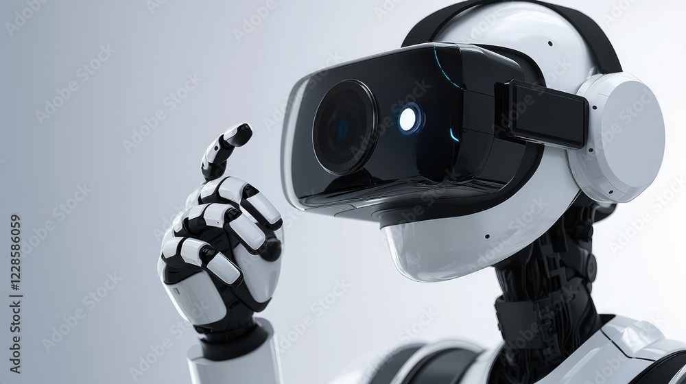 Poster advanced robot engaging in virtual reality experience with vr headset