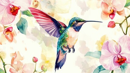 Hummingbird and Orchids Watercolor: A vibrant watercolor painting of a hummingbird in flight amidst a profusion of delicate orchids, showcasing a harmonious blend of nature's beauty.
