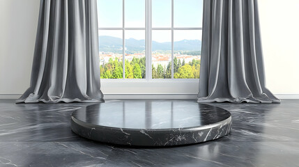 Fototapeta premium Black marble podium, room, window view, product display