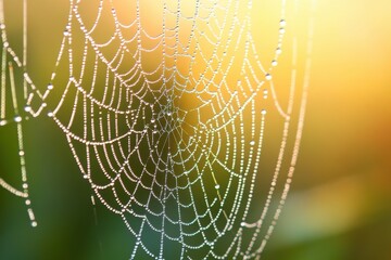 Morning dew on spider web with macro detail composition and sunrise backlighting on natural framing