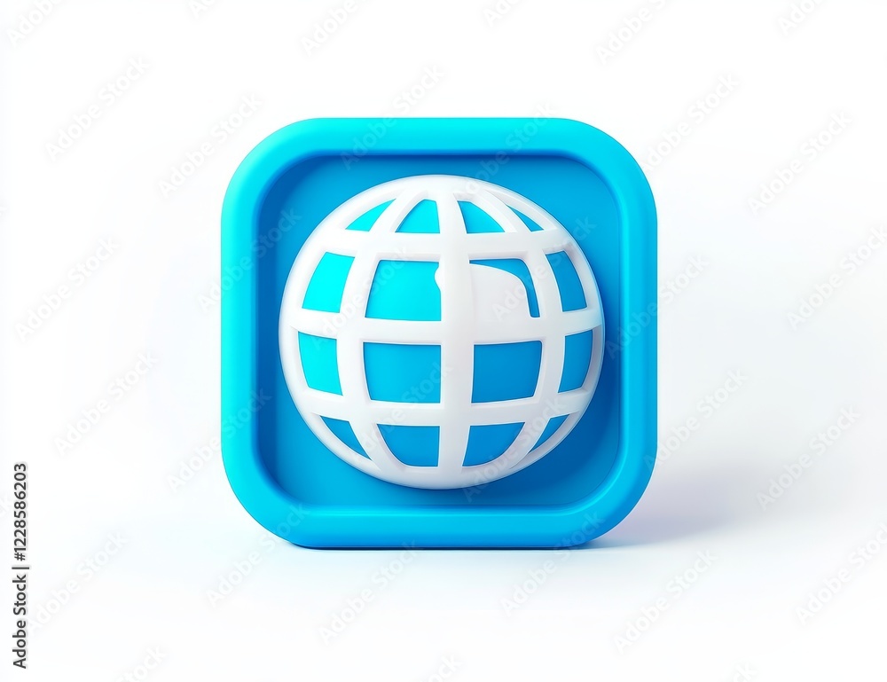 Poster 3d rendered blue square app icon with globe.
