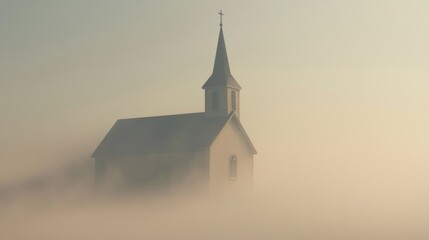 Serene Rural Church Enveloped in Drifting Morning Fog