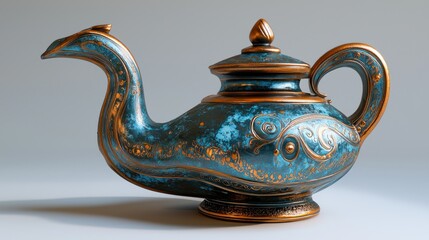 Ornate teapot with bird spout on gray studio backdrop for product or design