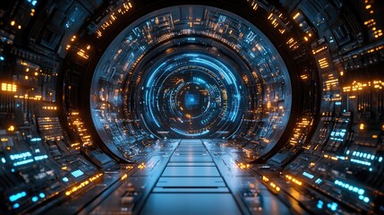 Fototapeta premium Futuristic digital corridor with glowing blue and orange lights, suggesting advanced technology and travel