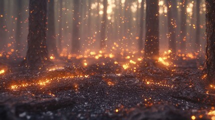 Glowing Ashes in Charred Forest With Sparks and Perimeter Effects