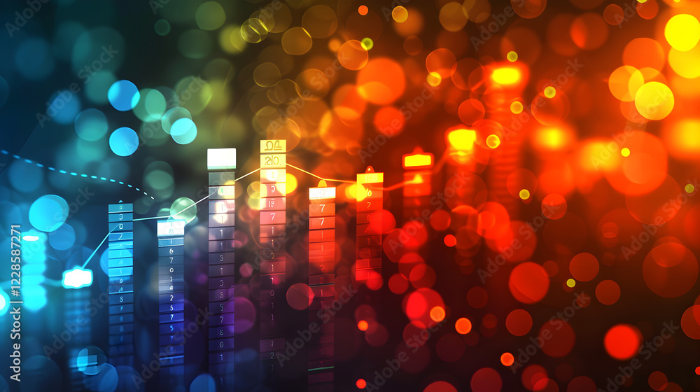 Poster A colorful abstract representation of data visualization with bars and glowing bokeh effects.