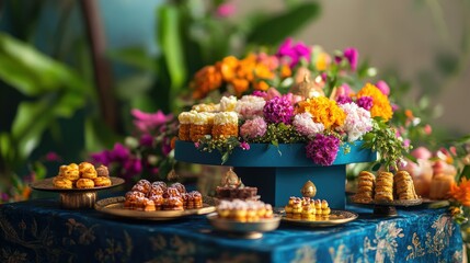 Fototapeta premium Vibrant Floral Dessert Table Display: A Festive Gathering of Sweet Treats and Colorful Blooms