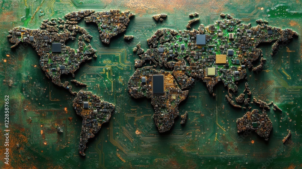 Poster world map formed by circuit board components. illustrates global interconnectedness and technology.
