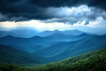 Fototapeta premium Mountain peaks through clouds with layered composition composition and dramatic storm lighting