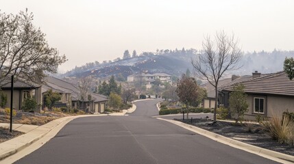 Smoky Suburban Street View in Quiet Cul-de-sac After Forest Fire