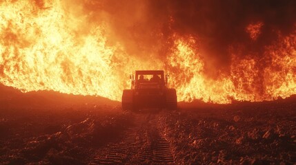 Fototapeta premium Intense Fire and Earthmoving Machinery at Sunset Scene