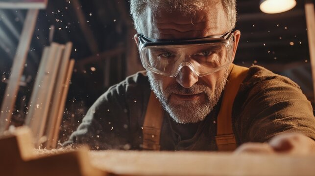 A detailed view of a carpenter wearing safety goggles and holding a chisel, with a background of wooden planks and sawdust, Carpentry workshop scene