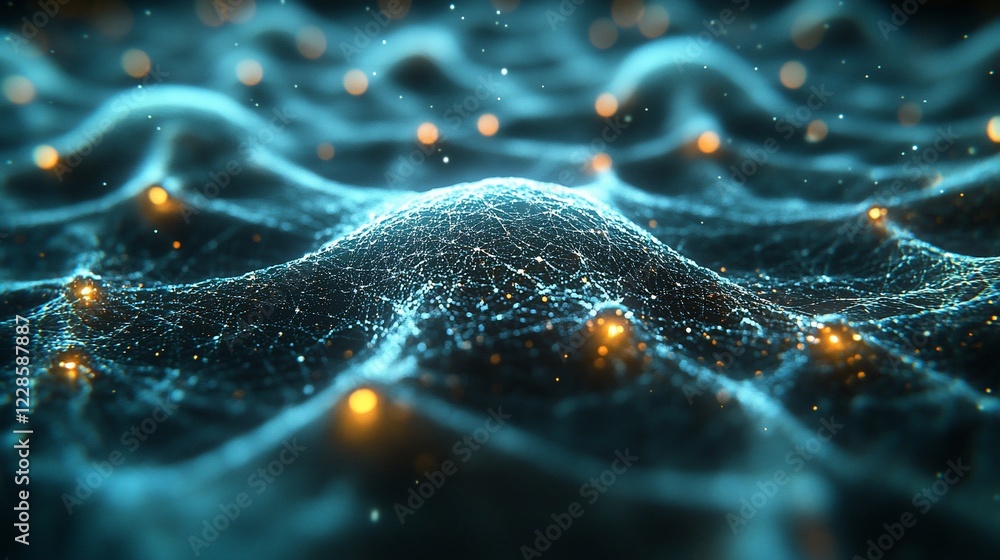 Poster abstract glowing particle wave field.