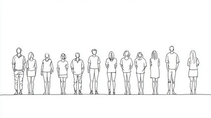 Diverse Group of People Standing in Line Outline Illustration
