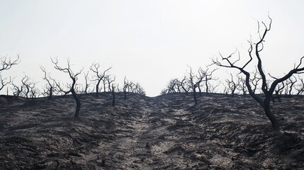 Charred Remains of Trees and Landscape After Wildfire Event