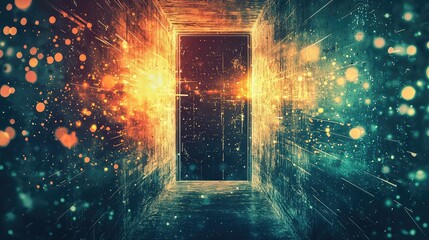 Mysterious Doorway with Vibrant Light and Colorful Particles