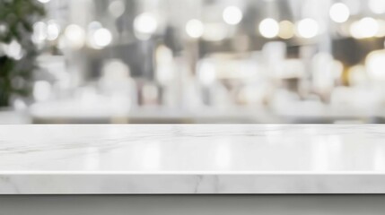Empty white table top, counter, desk background over blur perspective bokeh light background, White marble stone table, shelf and blurred kitchen restaurant for food, product display mockup, template