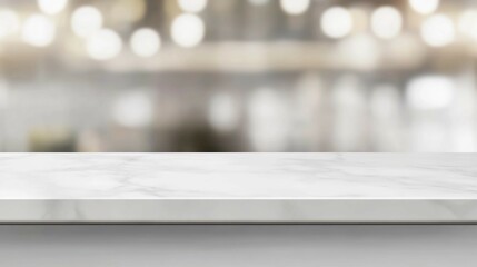 Empty white table top, counter, desk background over blur perspective bokeh light background, White marble stone table, shelf and blurred kitchen restaurant for food, product display mockup, template